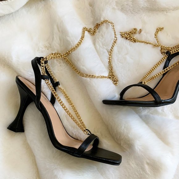 NEW🔥 Black Gold Chain Anklet Open Toe Sandals Stiletto High Heel Wrap Lace-Up - Picture 3 of 6